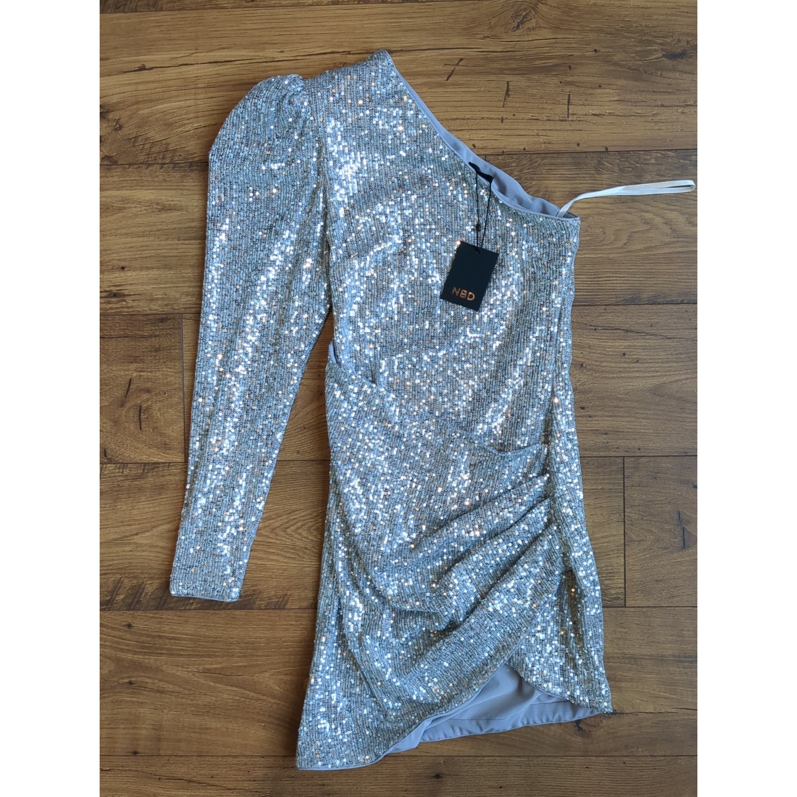 Nbd Womens M Silver Sequin One Shoulder Long Sleeve Mini Dress Read
